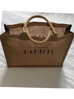 Islands of Tahiti Natural Fiber TOTE BAG Woven Unisex Travel TAN NAVY BEACH